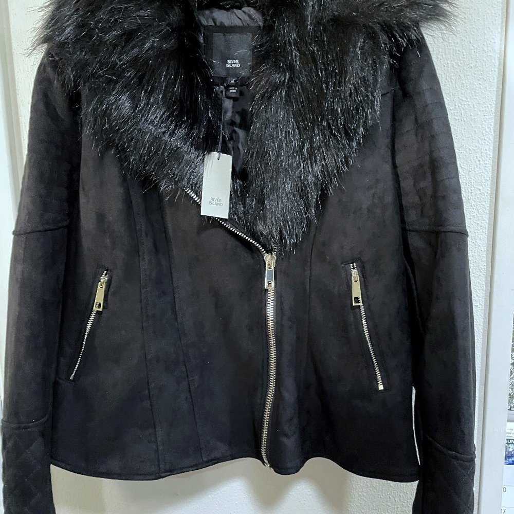 WOMENS FAUX SUEDE JACKET W/REMOVABLE FUR COLLAR SIZE US 14 SHARP LOOKING